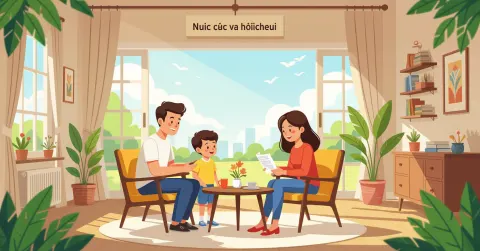 Gia đình đa văn hóa cầm hộ chiếu và giấy tờ trẻ em trong phòng khách Nhật Bản hiện đại