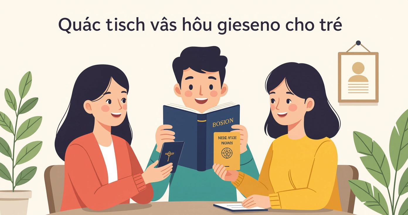 Minh họa bố mẹ đang điền đơn đăng ký khai sinh tại văn phòng chính quyền Nhật