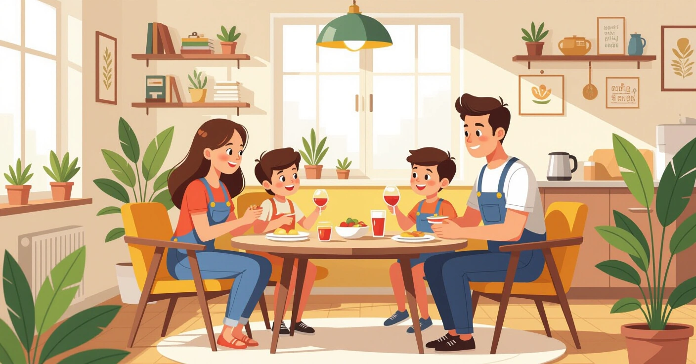 Minh họa gia đình đa văn hóa trong căn nhà Nhật Bản hiện đại với nhân viên dọn dẹp đang chuẩn bị bữa ăn trong bếp