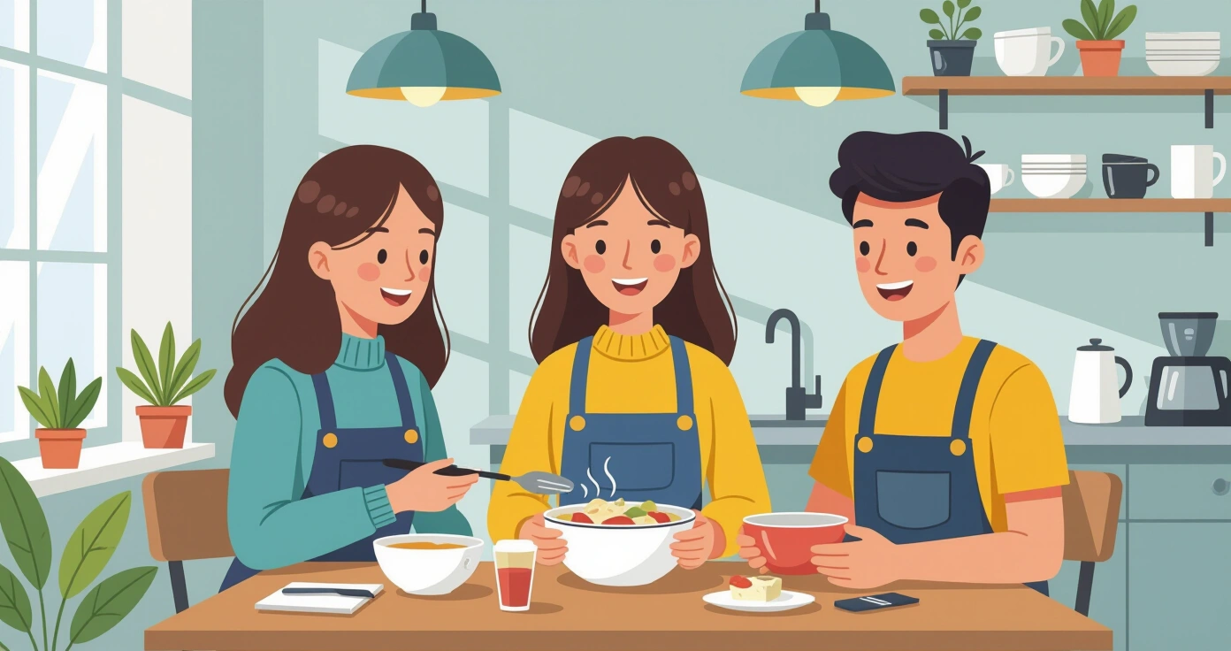 Căn bếp Nhật Bản sạch sẽ với hộp cơm bento được chuẩn bị sẵn và phòng khách gọn gàng