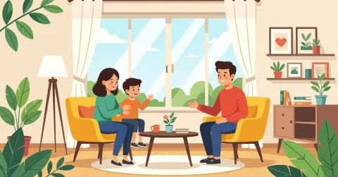 Minh họa hai bố mẹ trao đổi con trong công viên Nhật Bản một cách tôn trọng