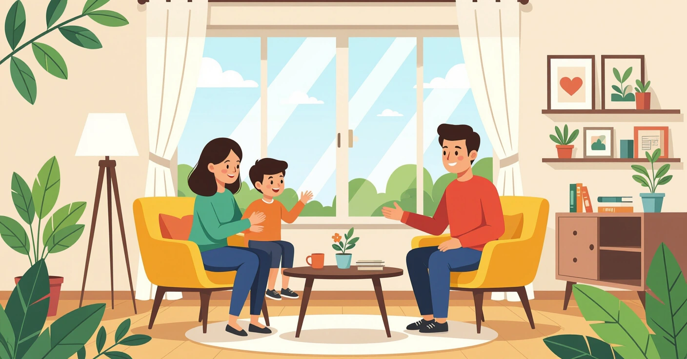 Minh họa hai bố mẹ trao đổi con trong công viên Nhật Bản một cách tôn trọng