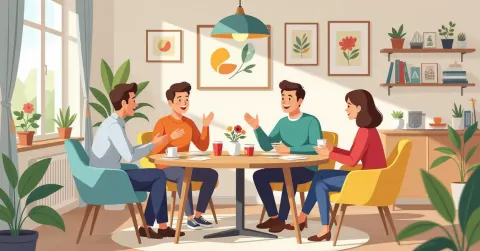 Minh họa nhóm cha mẹ họp mặt chia sẻ kinh nghiệm nuôi con trong văn phòng công ty Nhật Bản