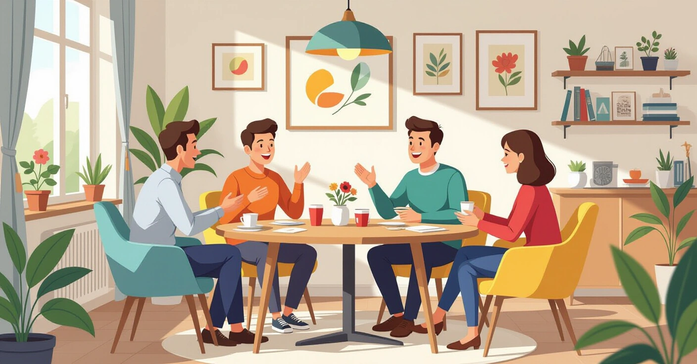 Minh họa nhóm cha mẹ họp mặt chia sẻ kinh nghiệm nuôi con trong văn phòng công ty Nhật Bản