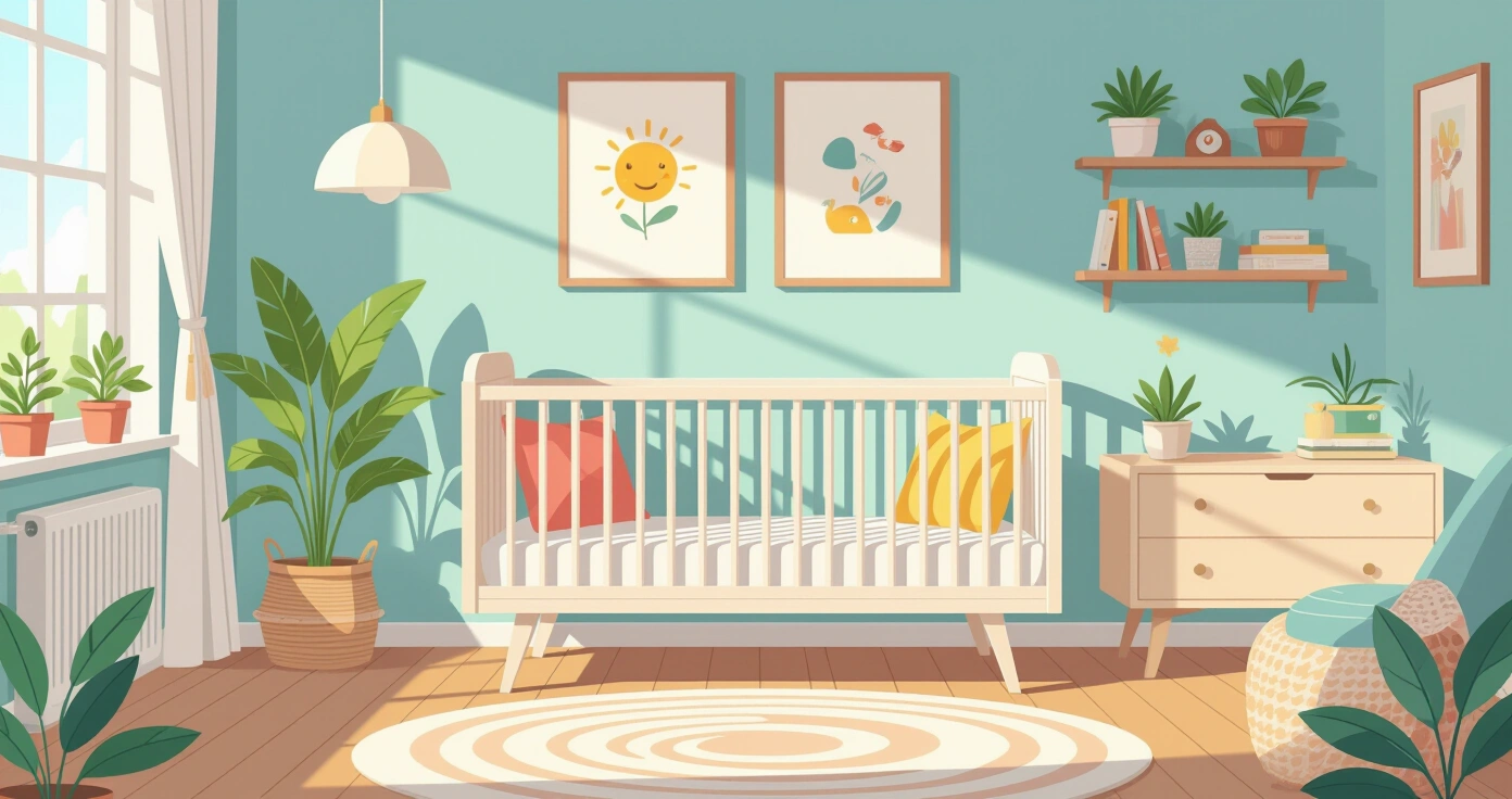 Bố trí góc phòng ngủ trẻ em nhỏ gọn trong căn hộ Nhật với nôi cũi, kệ treo tường và tấm thảm chơi
