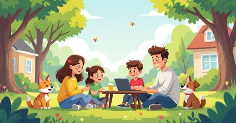 Minh họa cha mẹ hướng dẫn trẻ sử dụng internet an toàn trong căn hộ Nhật Bản hiện đại