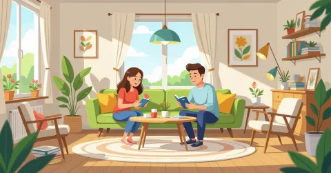 Minh họa người mẹ nước ngoài và con nhỏ trong căn hộ Nhật Bản hiện đại, phong cách vector phẳng thân thiện