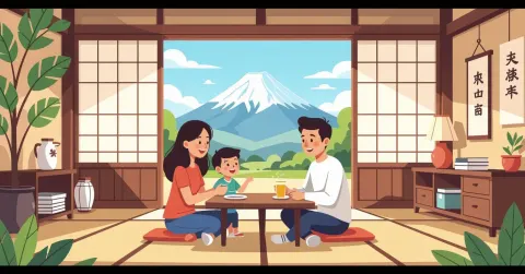 Cha mẹ nước ngoài ôm con tại quầy thủ tục hành chính Nhật Bản, minh họa phong cách vector hiện đại