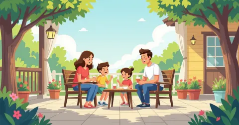 Minh họa nước mẹ lo lắng ôm con trong căn hộ Nhật Bản, phong cách minh họa hiện đại