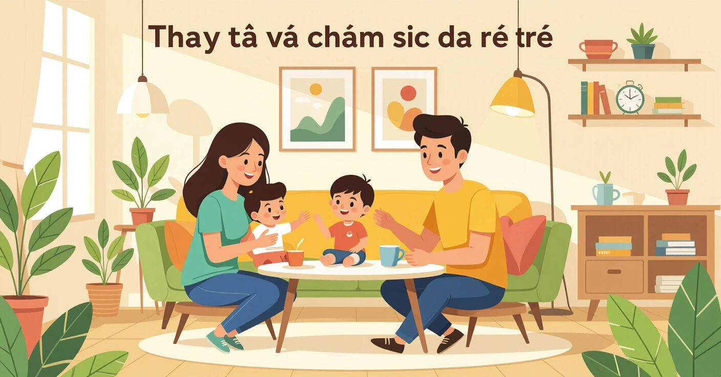 Minh họa mẹ đang thay tã cho trẻ sơ sinh trong phòng ngủ sáng sủ theo phong cách Nhật Bản