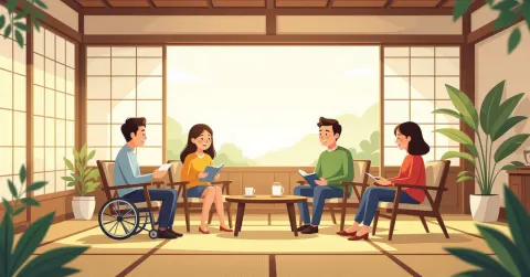 Minh họa cha mẹ nước ngoài làm thủ tục xin trợ cấp khuyết tật tại tòa thị chính Nhật Bản
