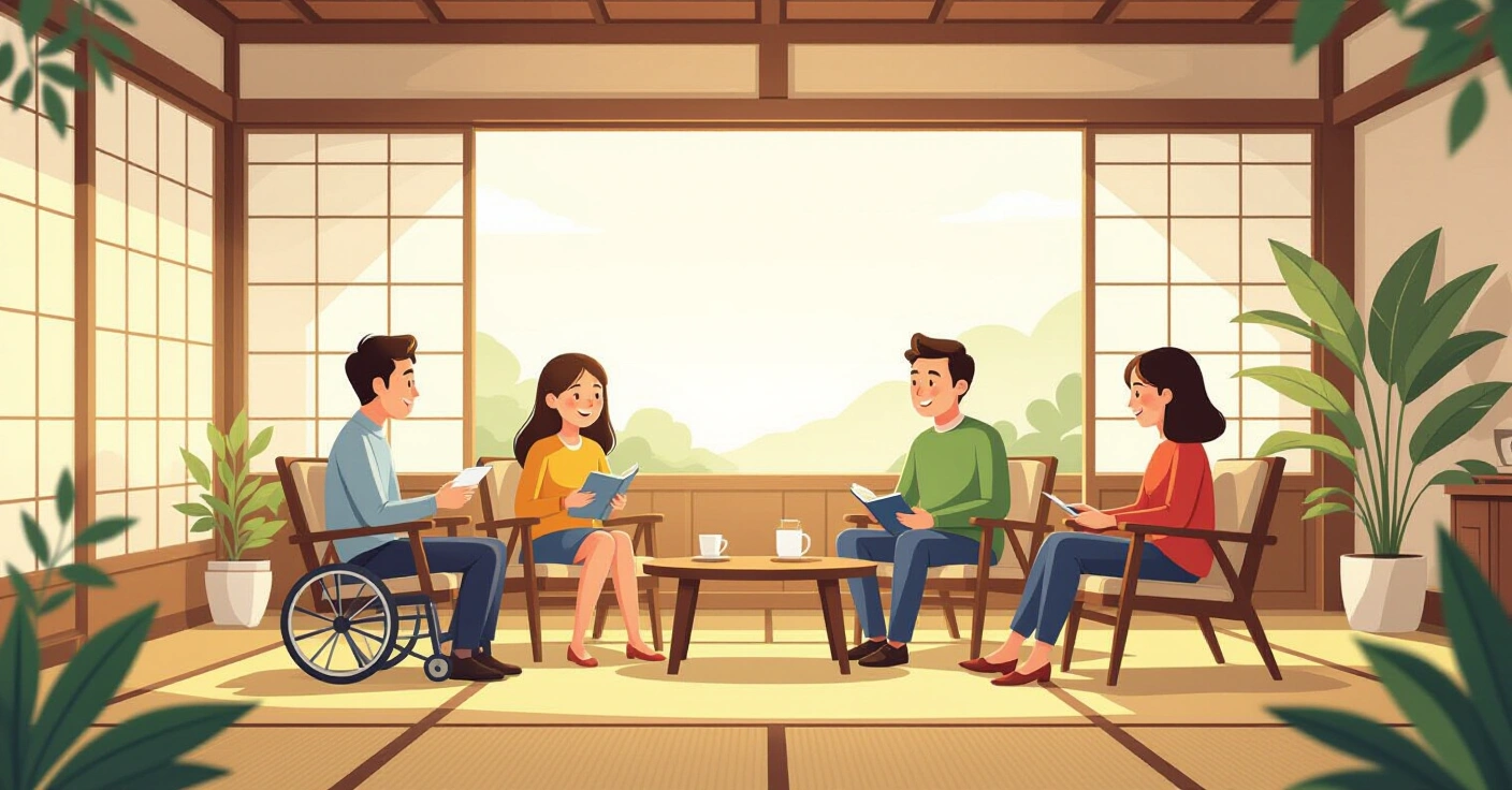 Minh họa cha mẹ nước ngoài làm thủ tục xin trợ cấp khuyết tật tại tòa thị chính Nhật Bản