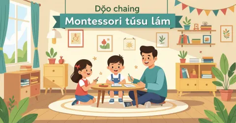 Phụ huynh và trẻ em cùng làm đồ chơi Montessori từ nguyên liệu đơn giản trong phòng khách sáng sủ tại Nhật Bản
