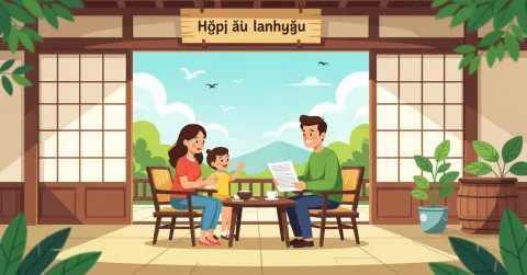 Cha mẹ nước ngoài chuẩn bị hồ sơ giấy tờ tại văn phòng hành chính Nhật Bản