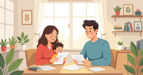 Bố mẹ nước ngoài cầm giấy tờ đăng ký khai sinh tại văn phòng hành chính Nhật Bản, minh họa phong cách vector hiện đại