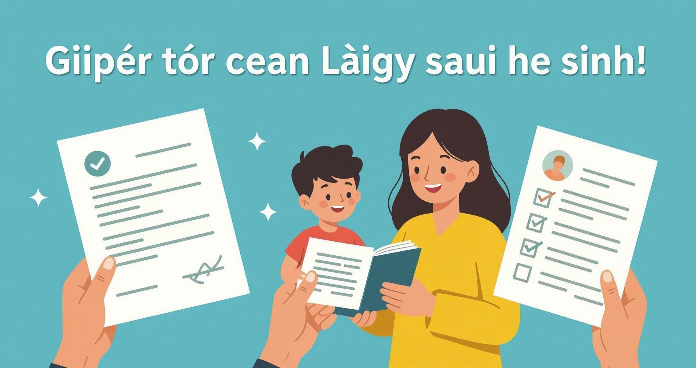 Bộ hồ sơ giấy tờ sau sinh được sắp xếp trên bàn làm việc sạch sẽ tại văn phòng hành chính Nhật Bản