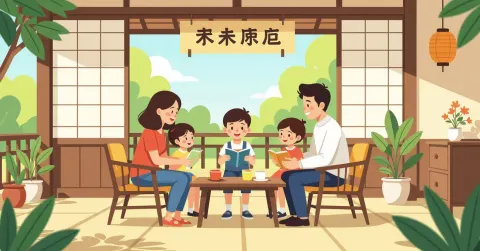 Minh họa gia đình đa văn hóa trong căn hộ Nhật Bản hiện đại, cha mẹ đang trò chuyện cùng con trong không gian ấm áp