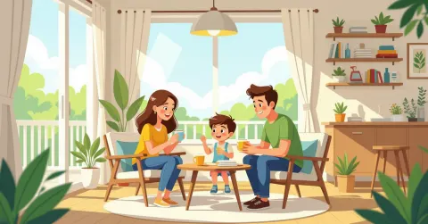 Gia đình đa văn hóa với trẻ nhỏ uống nước từ cốc trong căn bếp Nhật Bản hiện đại, phong cách minh họa phẳng thân thiện