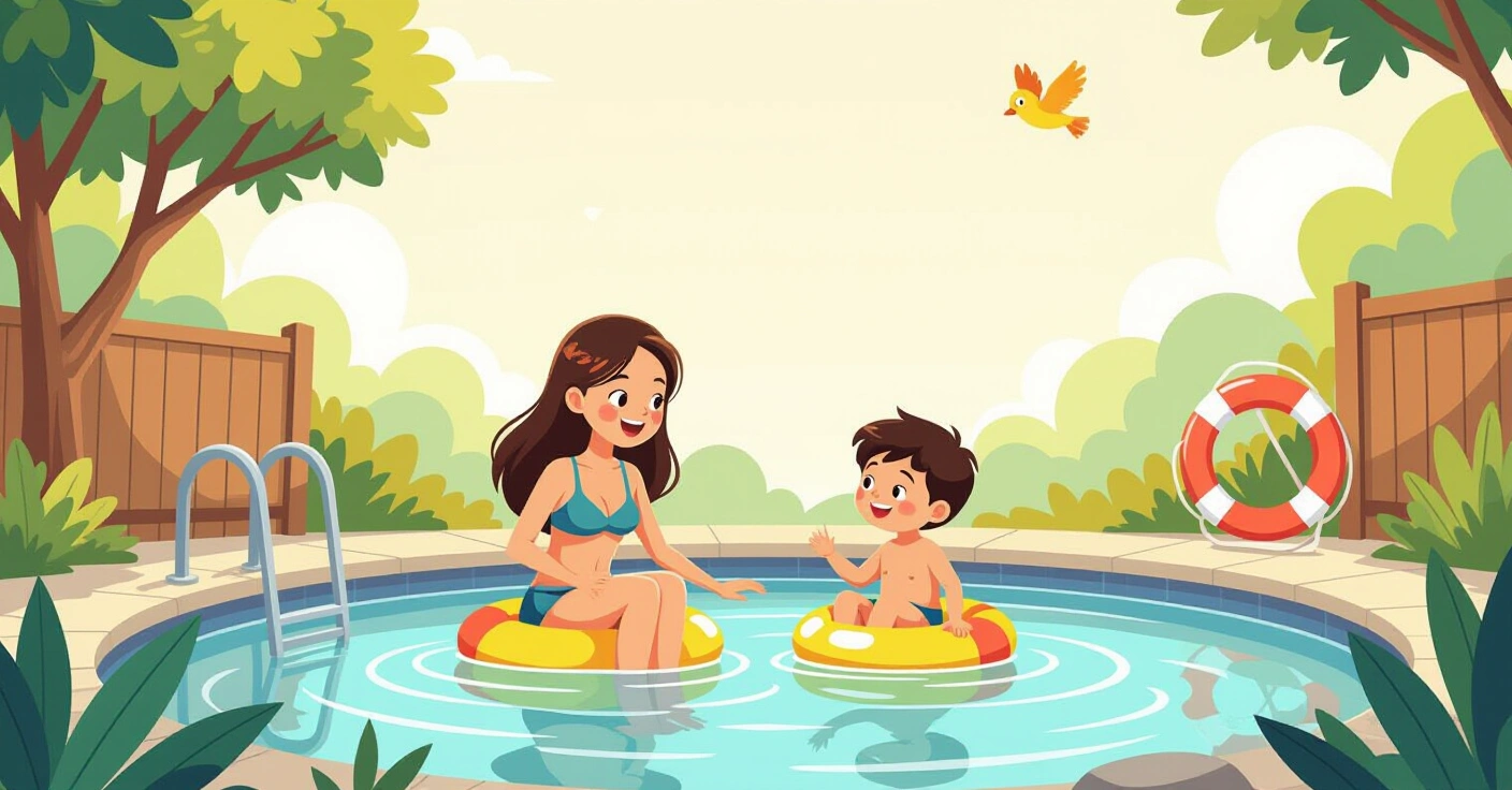 Cha mẹ giám sát trẻ tập bơi trong bể bơi trong nhà Nhật Bản, phong cách minh họa phẳng hiện đại