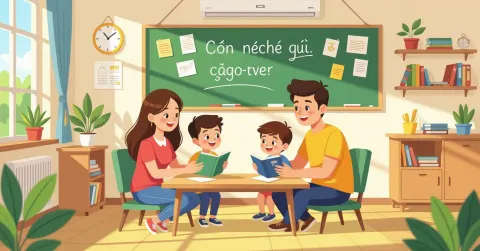 Gia đình đa văn hóa cùng con học tập qua máy tính bảng trong phòng khách hiện đại tại Nhật Bản