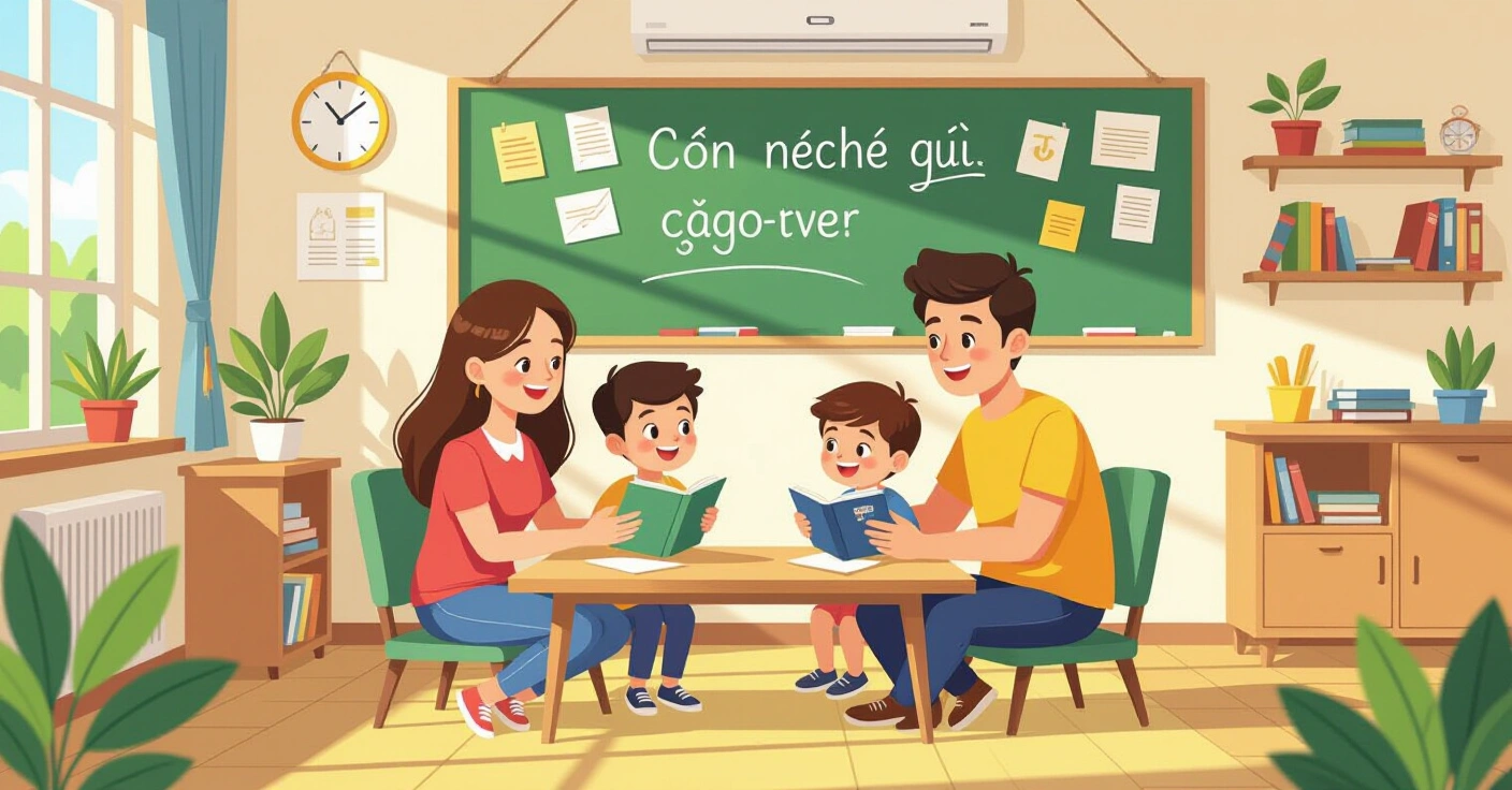 Gia đình đa văn hóa cùng con học tập qua máy tính bảng trong phòng khách hiện đại tại Nhật Bản