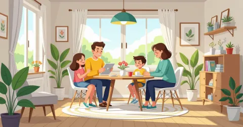 Cặp vợ chồng đa văn hóa cùng con nhỏ phân chia việc nhà trong căn hộ hiện đại tại Nhật Bản