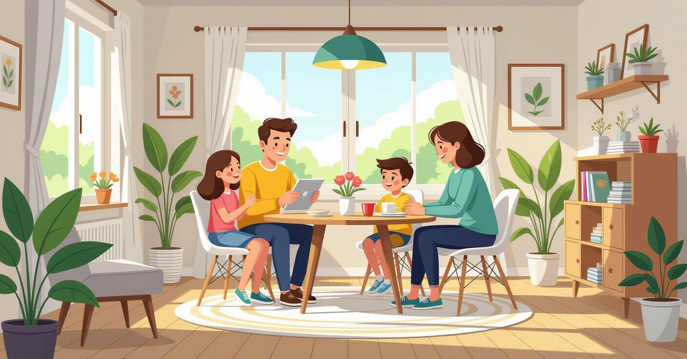 Cặp vợ chồng đa văn hóa cùng con nhỏ phân chia việc nhà trong căn hộ hiện đại tại Nhật Bản
