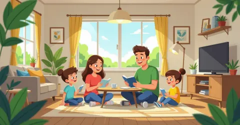 Minh họa cảnh cha mẹ nước ngoài hướng dẫn trẻ nhỏ ghi nhớ số điện thoại khẩn cấp trong căn hộ Nhật Bản hiện đại