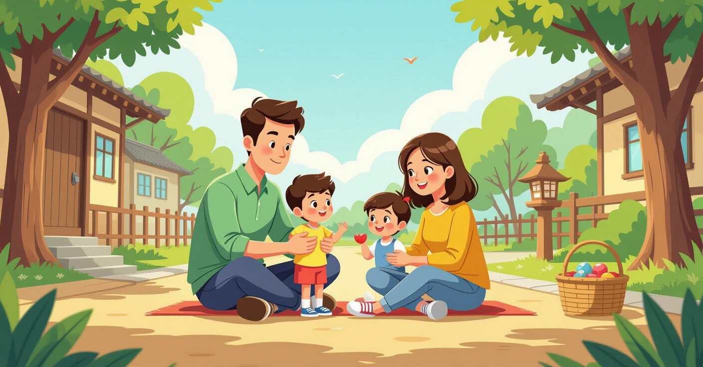 Minh họa cậu bé ngồi yên trong phong cách Nhật Bản, cha mẹ quan sát từ xa với ánh mắt ấm áp