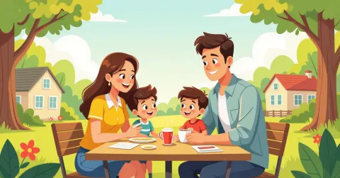 Phụ huynh nước ngoài làm việc trên máy tính trong căn hộ sáng sủ tại Nhật Bản, con nhỏ chơi gần đó