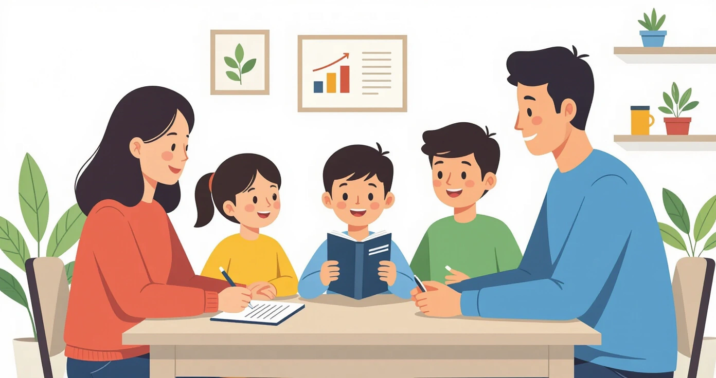 Gia đình kiểm tra túi sơ cứu và đồ khẩn cấp cùng nhau trong phòng khách Nhật Bản