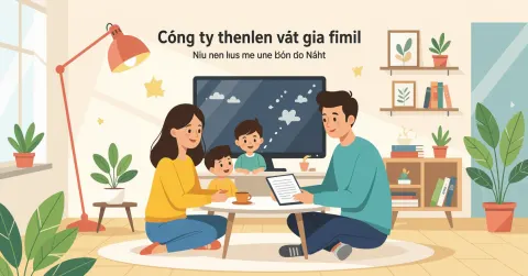 Minh họa người cha nước ngoài làm việc trên laptop trong văn phòng Nhật Bản hiện đại với ảnh gia đình trên bàn