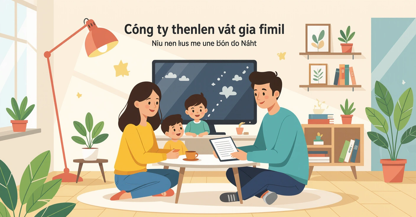 Minh họa người cha nước ngoài làm việc trên laptop trong văn phòng Nhật Bản hiện đại với ảnh gia đình trên bàn