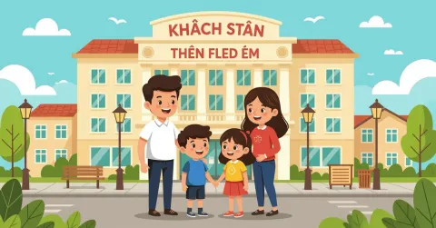 Gia đình nước ngoài check-in tại sảnh khách sạn Nhật Bản hiện đại, trẻ em vui vẻ