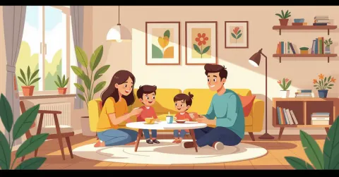 Minh họa gia đình đa văn hóa cha mẹ và con trẻ trong căn hộ Nhật Bản hiện đại, sách vở song ngữ Việt-Nhật trên bàn, phong cách minh họa phẳng thân thiện