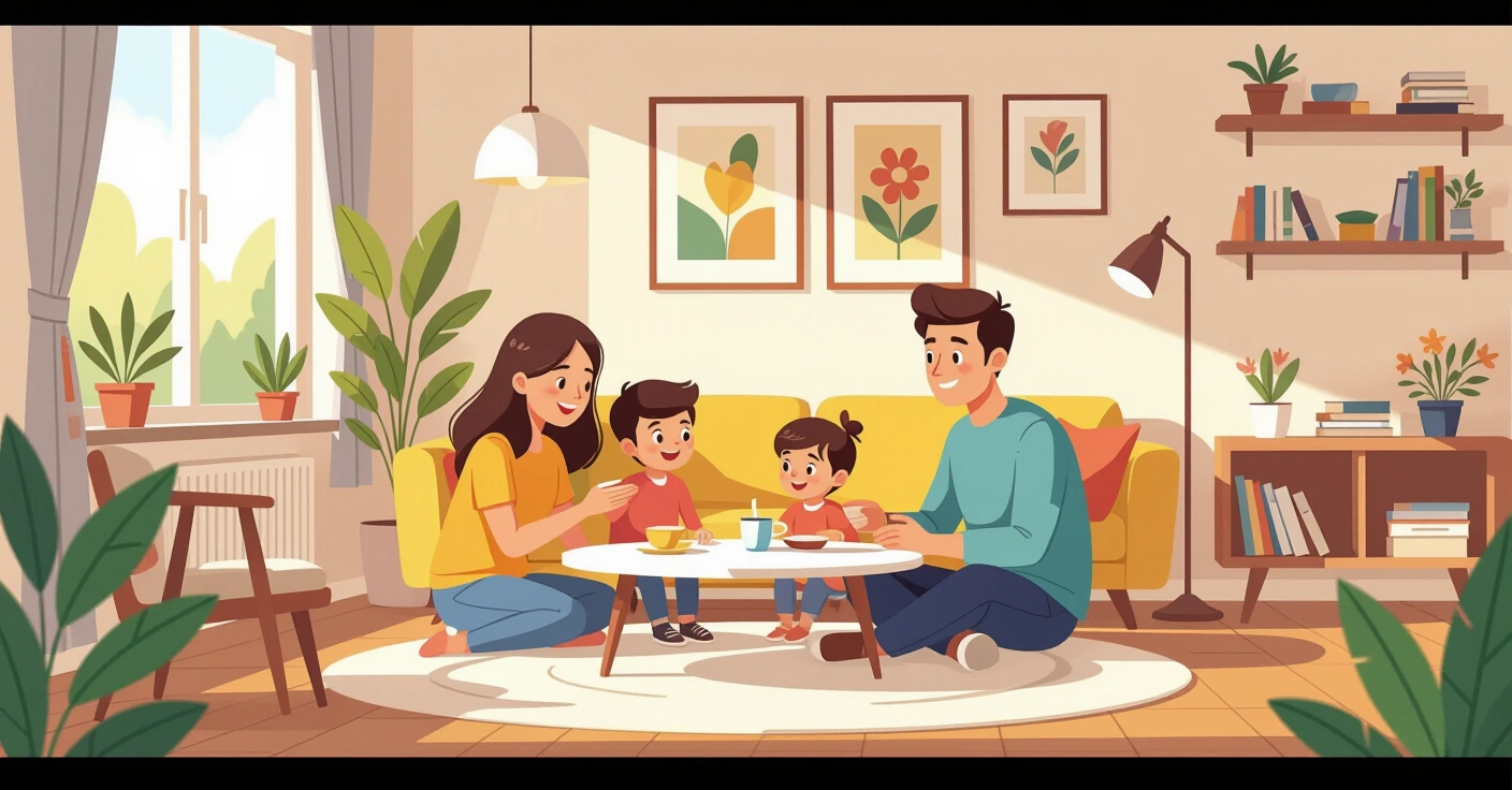 Minh họa gia đình đa văn hóa cha mẹ và con trẻ trong căn hộ Nhật Bản hiện đại, sách vở song ngữ Việt-Nhật trên bàn, phong cách minh họa phẳng thân thiện