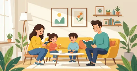 Gia đình đa văn hóa cùng nhau đi bộ trong công viên Nhật Bản, không sử dụng điện thoại, phong cách minh họa phẳng hiện đại