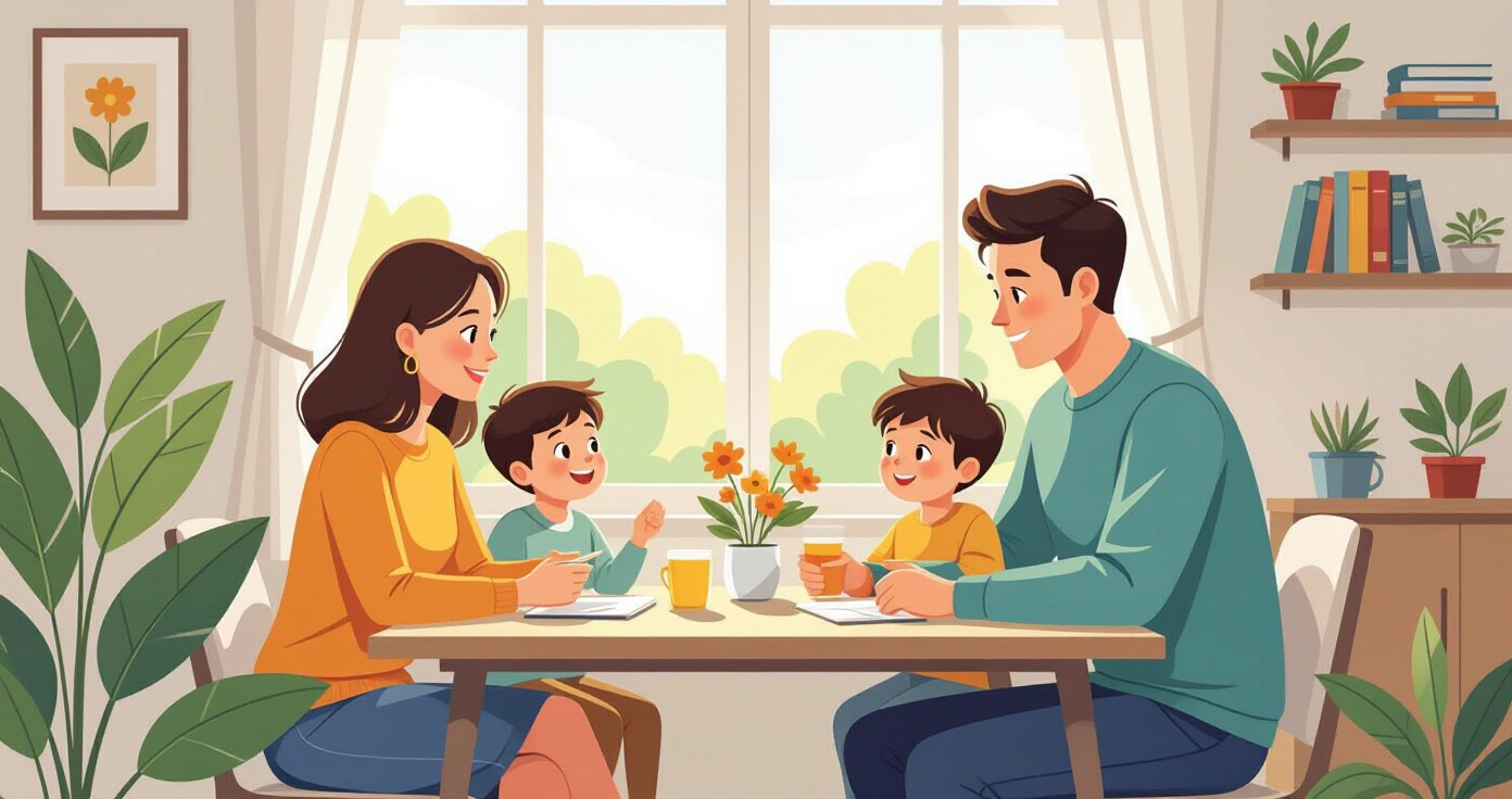 Trẻ em và cha mẹ chơi ngoài trởi trong công viên có hoa anh đào, phong cách minh họa phẳng