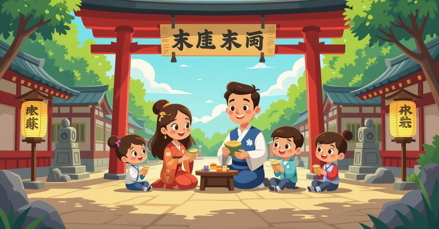 Gia đình đa văn hóa mặc kimono truyền thống Nhật Bản cùng trẻ em tham gia lễ hội địa phương với cờ cá chép koinobori và hoa anh đào