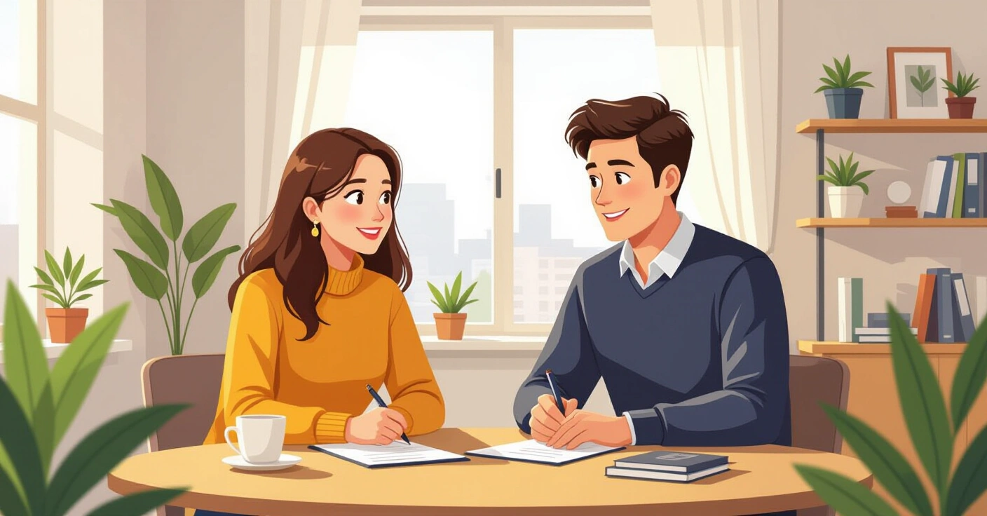 Cặp vợ chồng đa văn hóa xem xét ngân sách và tài liệu tài chính trong căn hộ hiện đại tại Nhật Bản