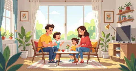 Gia đình nước ngoài gặp gỡ babysitter thân thiện trong căn hộ Nhật Bản hiện đại