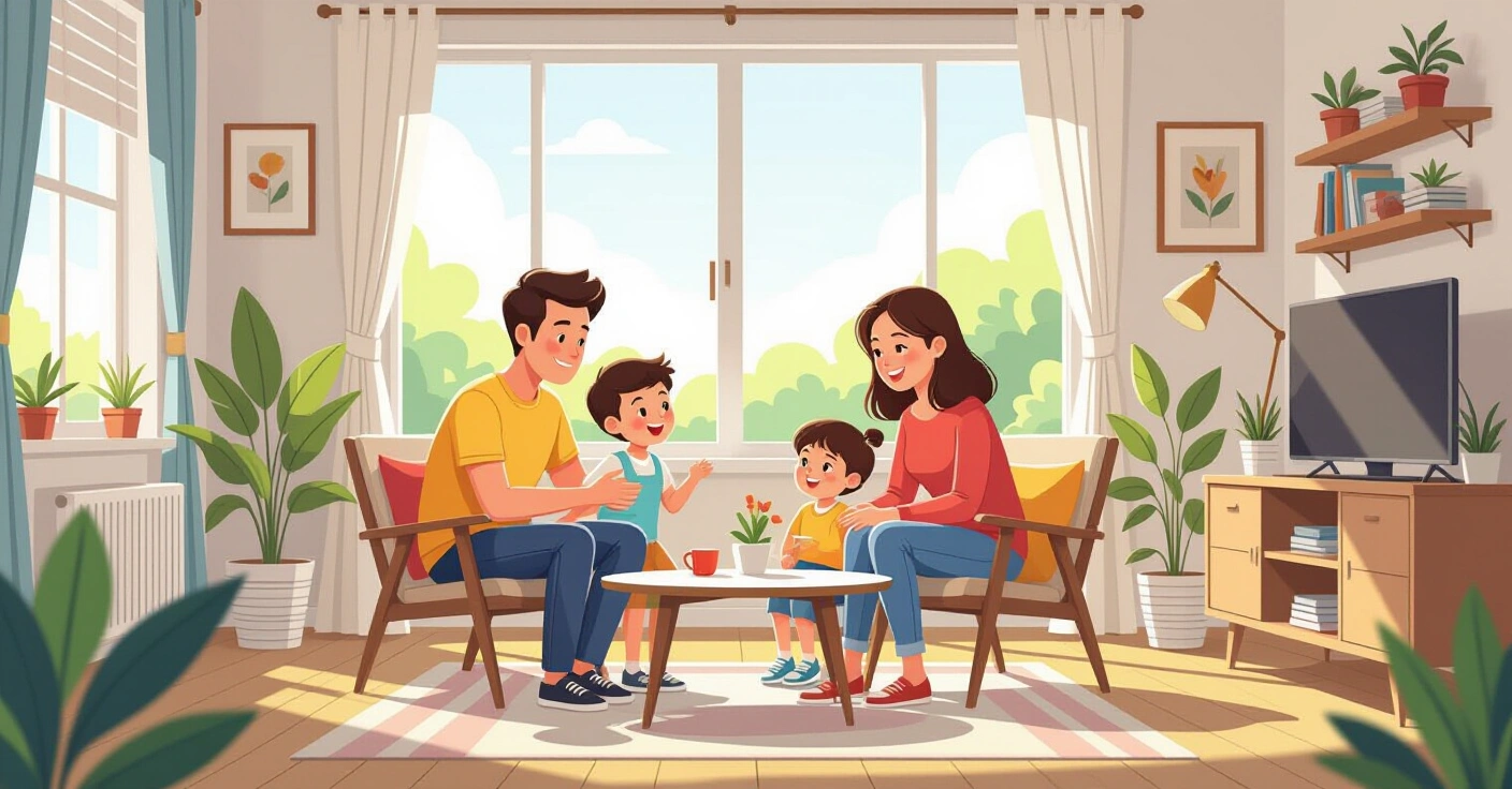Gia đình nước ngoài gặp gỡ babysitter thân thiện trong căn hộ Nhật Bản hiện đại