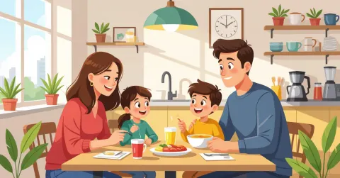 Gia đình đa văn hóa Việt-Nhật cùng thưởng thức bữa tối với cả món Nhật và món Việt trong căn bếp hiện đại
