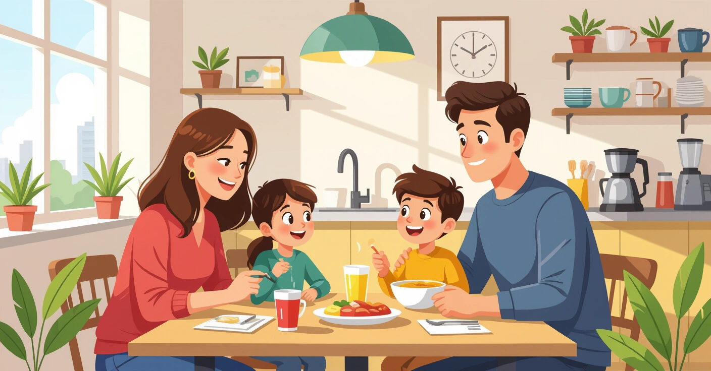 Gia đình đa văn hóa Việt-Nhật cùng thưởng thức bữa tối với cả món Nhật và món Việt trong căn bếp hiện đại