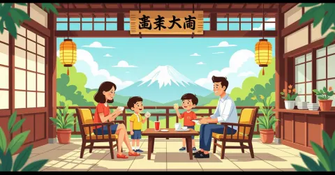 Minh họa gia đình đa văn hóa với trẻ em tại văn phòng chính quyền Nhật Bản, phong cách vector hiện đại