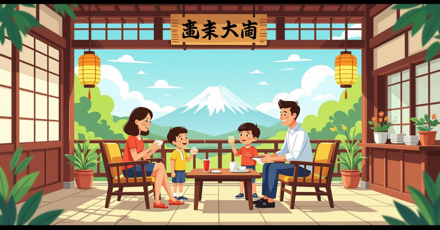 Minh họa gia đình đa văn hóa với trẻ em tại văn phòng chính quyền Nhật Bản, phong cách vector hiện đại