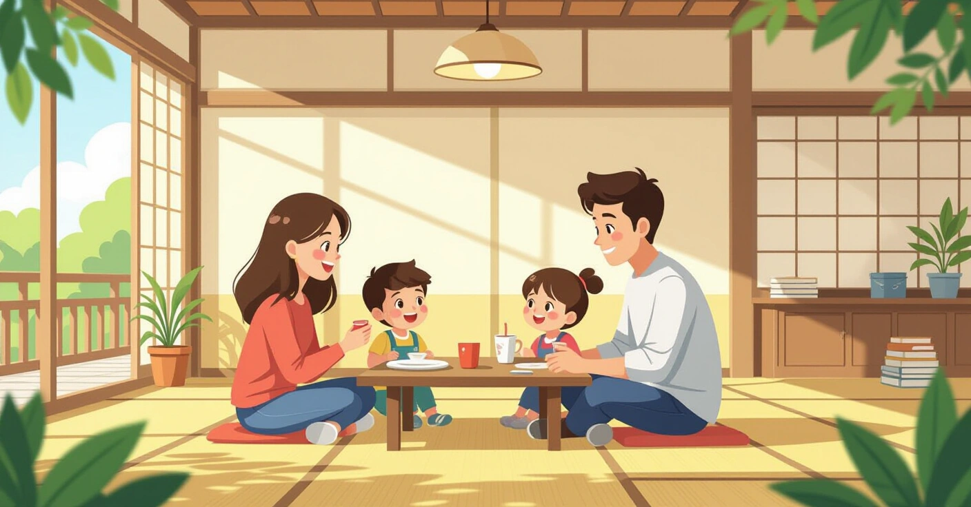 Minh họa trẻ em đa văn hóa chơi cùng nhau trong lớp học Nhật Bản, phong cách vector hiện đại, màu sắc tươi sáng