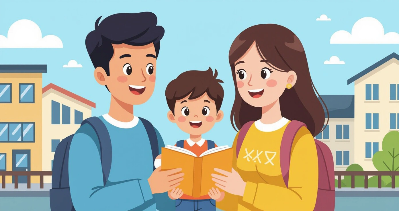 Phụ huynh nước ngoài đưa con đến nhà trẻ Nhật Bản lần đầu tiên, phong cách minh họa vector thân thiện