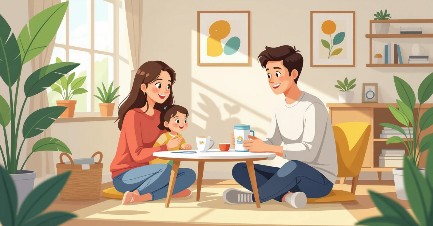 Mẹ đang pha sữa công thức cho bé sơ sinh trong căn bếp hiện đại tại Nhật Bản