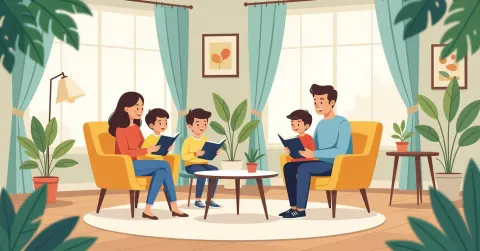 Minh họa cha mẹ nước ngoài đang trao đổi trên điện thoại trong căn hộ Nhật Bản hiện đại